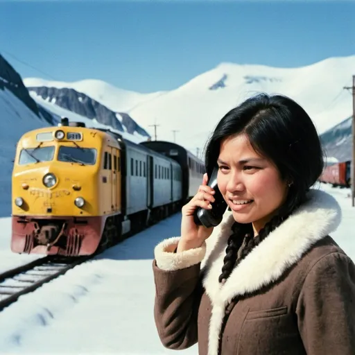 Prompt: Eskimo talking on the telephone with a train in the background.