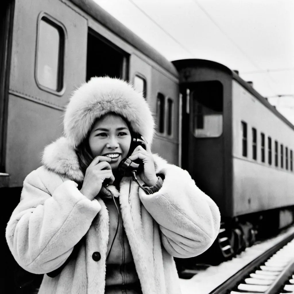 Prompt: Eskimo talking on the telephone with a train in the background.