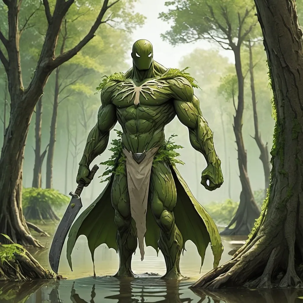 Prompt: swamp superhero made of nature with a tree carved blade for one hand in anime