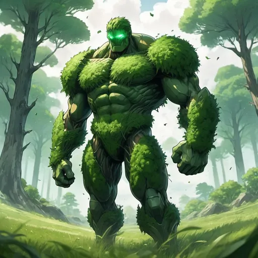 Prompt: anime superhero of grass titan with forest and land on shoulder/back