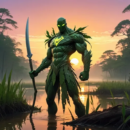 Prompt: swamp superhero made of nature with a blade arm in a cool background of sunset in anime