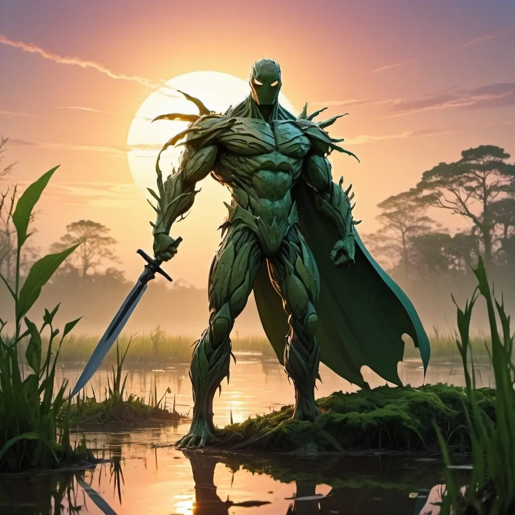 Prompt: swamp superhero made of nature with a blade arm in a cool background of sunset in anime