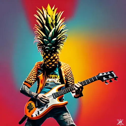 Prompt: Punk rock pineapple-head playing guitar, colorful orange background, high quality, vibrant, punk rock, detailed pineapple hair, guitar player, vivid orange tones, energetic atmosphere, professional lighting