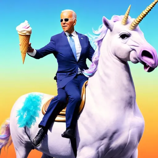 Prompt: Joe Biden riding unicorn while eating ice cream cone