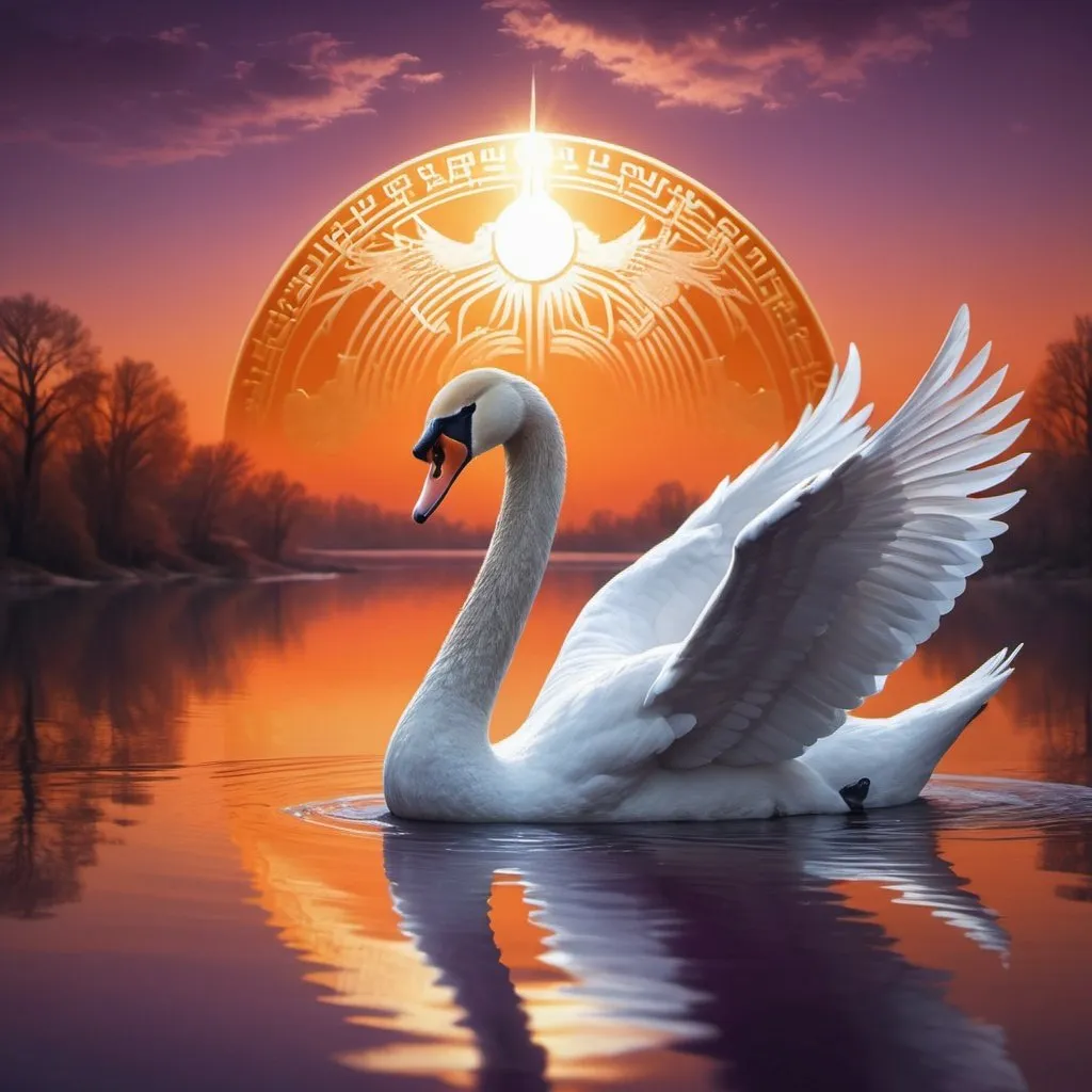 Prompt: Scene Setting: The scene is set during sunrise or sunset, with the horizon glowing in hues of orange, pink, and purple, casting a serene yet powerful ambiance.
Swan: The swan is depicted as majestic and strong, with large, powerful wings fully extended as it rises gracefully over the horizon. Its feathers are detailed, shimmering with a slight golden glow, indicating strength and beauty.
Bitcoin: In the background, a large, glowing Bitcoin symbol (₿) rises along with the swan. The symbol is golden, reflecting the light of the rising sun, and it has a slightly futuristic, digital texture to it.
Atmosphere: The overall atmosphere is ethereal and inspiring, blending the natural beauty of the swan with the modern, powerful symbol of Bitcoin. There are subtle sparkles or light effects around both the swan and the Bitcoin symbol, adding a magical touch to the image.