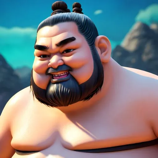 Prompt: sumo smiling with a fantasy background cartoon ai 