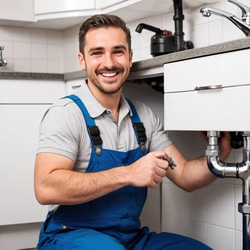 Prompt: A happy plumber providing a service