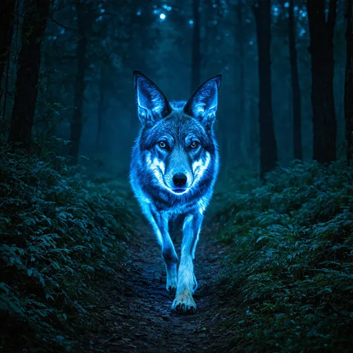 Prompt: A blue bioluminescent coyote walking towards the viewer from an overgrown old growth forest on a starry night. It appears ragged and mischievious. A dense mist hangs along the path.