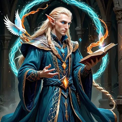 Prompt: A tall, elegant elf with long, pale blonde hair styled in a single intricate braid. His piercing blue eyes shine with arcane knowledge. He wears flowing robes in rich blue and orange tones, adorned with subtle arcane symbols and trim that glows faintly. In one hand, he holds an open tome, its pages glowing with magical energy as a spell forms from the book. His other hand is outstretched, channeling the magic into the air. His posture is poised, exuding wisdom and power. Owl