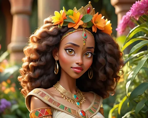 Prompt: Disney style African American Beautiful Ethiopian queen with her eyes fixed on to the front camera. Outside a beautiful outdoor garden , vibrant colors, sunny. Happy mood