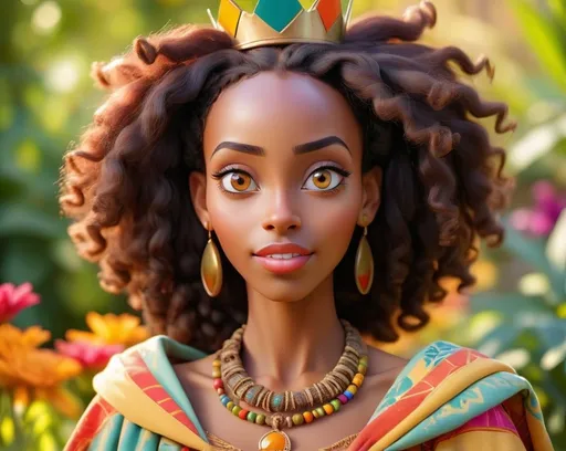 Prompt: Disney style African American Beautiful Ethiopian queen with her eyes fixed on to the front camera. Outside a beautiful outdoor garden , vibrant colors, sunny. Happy mood