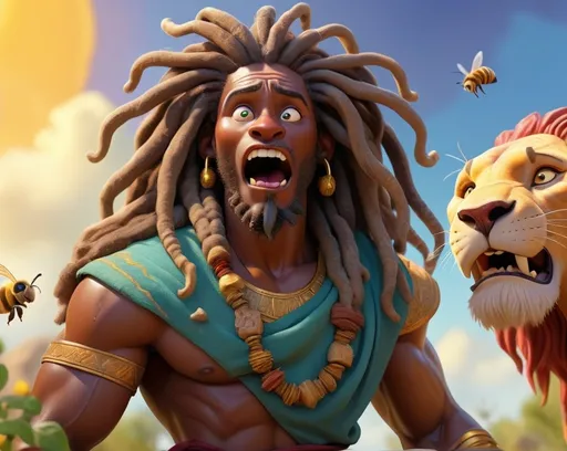 Prompt: Disney style African American Samson of the bible with dreadlocks, wearing ancient 1st century clothing. A dead lion carcass next to him, with bees and honeycomb from it's mouth. vibrant colors, sunny