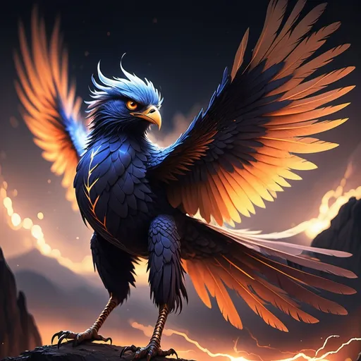 Prompt: The Jentayu, with eyes that shine like embers, took a step forward. Each step made the earth tremble. Its fine yet sharp feathers moved in harmony with the breeze, embodying untamed ferocity. Its body was colored like the shadow of night, with flashes of lightning intermittently illuminating its massive form and wings that nearly covered the entire horizon. 

This mythical creature radiated an aura of mystery, exuding power and grace. With each step, it seemed to challenge nature itself, making the wind whisper softly and the leaves sway. Its dark plumage symbolized a tranquil night, while the glimmers of light touching its body signaled that it was no ordinary being.

Its presence was like an ancient song echoing in the forest, evoking awe and a hint of fear. Its expansive wings, resembling those of a giant sail, could shield the sky from the moonlight. The Jentayu not only traversed space but also transcended time, bringing forth long-buried tales. Every movement was full of elegance, making every moment spent with it feel like a journey into a myth filled with wonder.