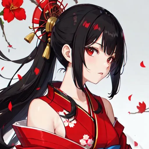 Prompt: Red kimono, black hair, girl