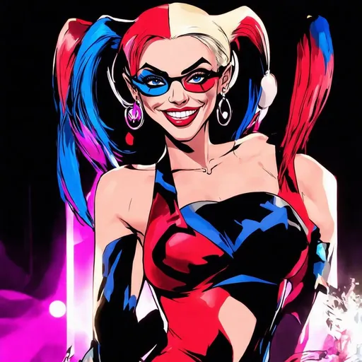 Prompt: Harley Quinn in drag makeup, Rupaul runway theme, Bayonetta in the background, 2D animation cartoon, vibrant colors, bold and exaggerated features, high energy, comic book style, dynamic posing, detailed hair and makeup, vibrant and playful, neon lighting, 4k, ultra-detailed, cartoon, drag makeup, Rupaul, vibrant colors, detailed hair, dynamic posing, playful, neon lighting, high energy, comic book style, exaggerated features, Bayonetta, 2D animation