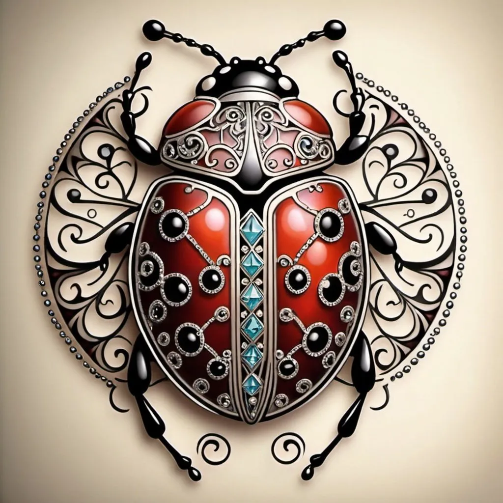 Prompt: bejeweled art deco filigree ladybug tattoo