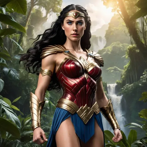 Prompt: Diana of Themyscira stands tall against a backdrop of lush Amazonian jungle. Her golden armor gleams in the sunlight, highlighting the strength and power she embodies. Her dark hair is braided back, revealing a determined expression and captivating blue eyes that radiate both compassion and unwavering resolve