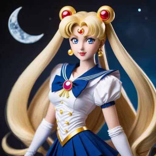 Prompt:   Imagine Usagi Tsukino, the iconic Sailor Moon, reimagined with a more mature look. Her long blonde hair flows down her back, and her eyes sparkle with a newfound confidence. Her redesigned sailor outfit maintains the iconic crescent moon motif but with a sleeker, more revealing design