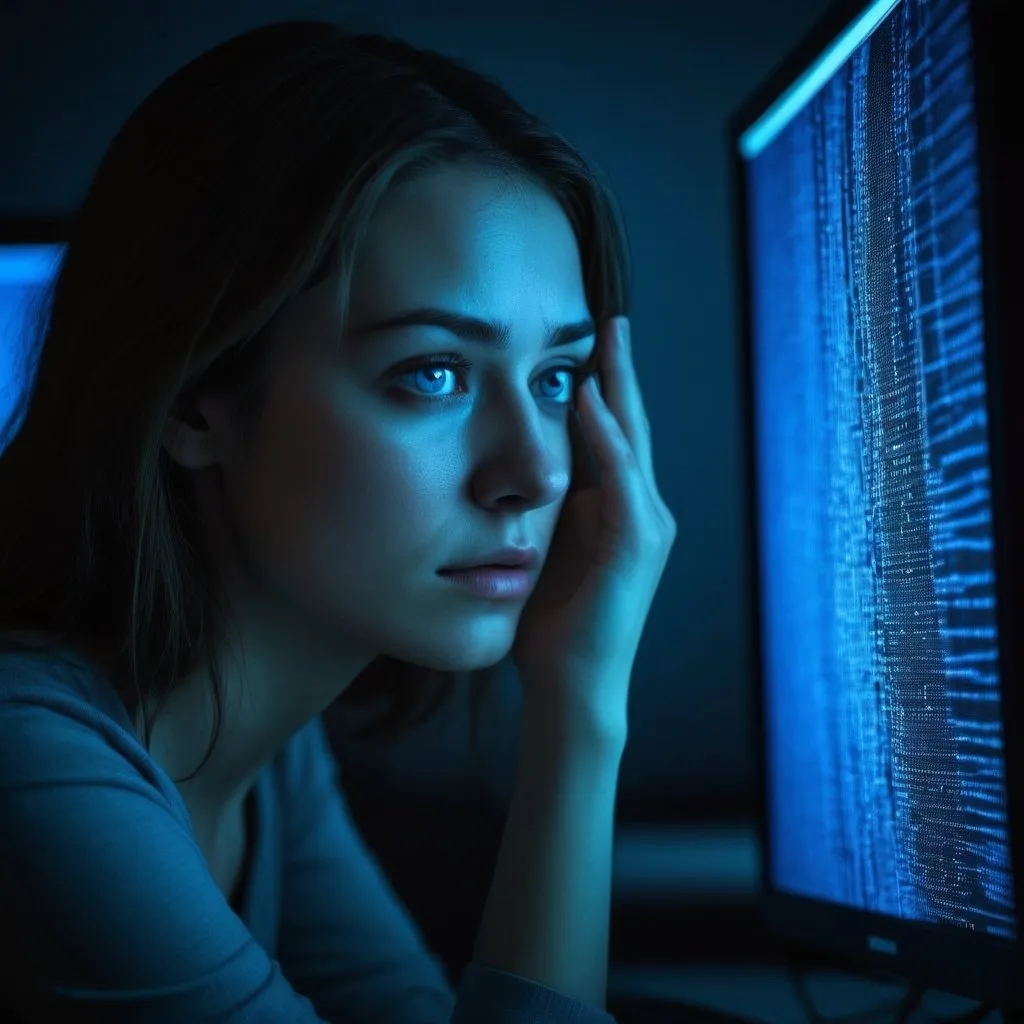 Prompt: A woman with tired eyes framed by dark circles sits hunched over a computer screen. Lines of code dance across her face, illuminated by the blue glow of the monitor.  Despite the exhaustion, a glint of intelligence and a hint of hidden vulnerability shine through, hinting at the complex emotions churning beneath her focused exterior