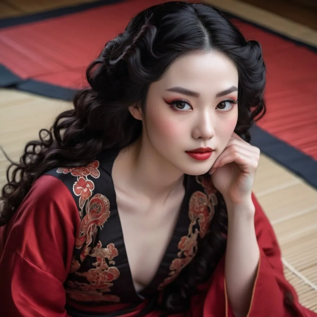 Prompt: A woman with flawless porcelain skin and lips painted crimson sits gracefully on a tatami mat. Her dark hair is adorned with intricate ornaments, framing her face in a cascade of raven curls. Her eyes, the color of polished obsidian, hold a depth of knowledge and a hint of a knowing smile, hinting at a captivating story waiting to be told