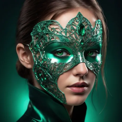 Prompt: Imagine a woman with half her face covered in a sleek metallic mask, glowing with intricate circuitry. Her visible eye, a vibrant emerald green, holds a mix of coldness and curiosity.  Beneath the mask, a hint of a smirk plays on her lips, hinting at a hidden agenda lurking beneath her captivating gaze