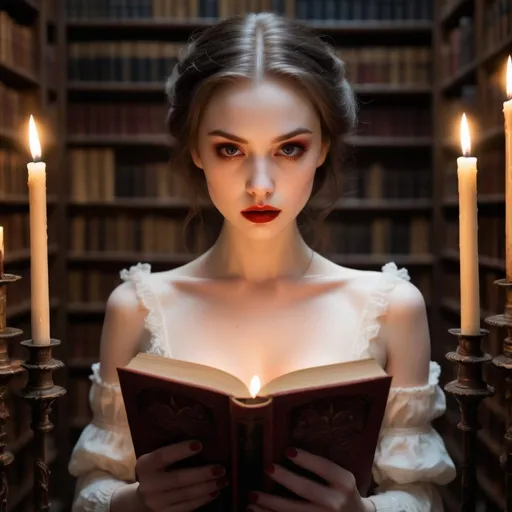 Prompt: A woman with pale skin and blood-red lips stands in a candlelit library. Her dark eyes, framed by thick eyelashes, scan an ancient tome. A single fang glints in the flickering light as she devours the knowledge contained within the book, her face a captivating mix of hunger and intellectual curiosity