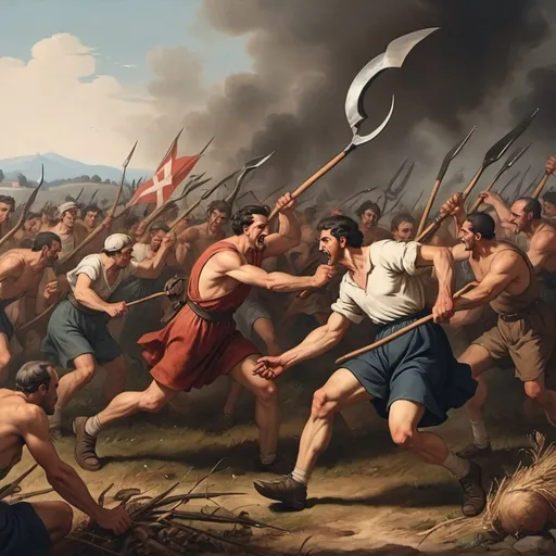 Prompt: Can you make me an image in the style of 1700s war paintings that depicts greek farmers killing Nazis with pitchforks? The farmers should look like they live on an island nation and the nazis should look identifiable. 