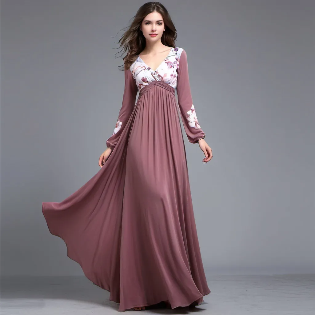 Prompt: create flowy empire waist long dresses, with different long sleeves styles and designs by