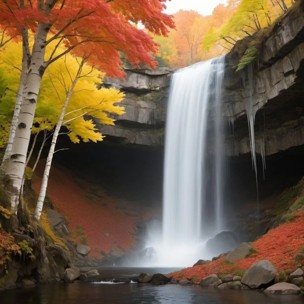 Prompt: give me a picture with fall color of maple, birch, ginkgo around a tall waterfall