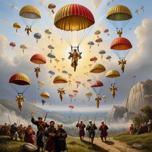 Prompt: 
Draw me an oil painting of catholic crosses landing on parachutes. Crosses like the one attached to Jesus. Please add golden halo behind crosses, like in icons