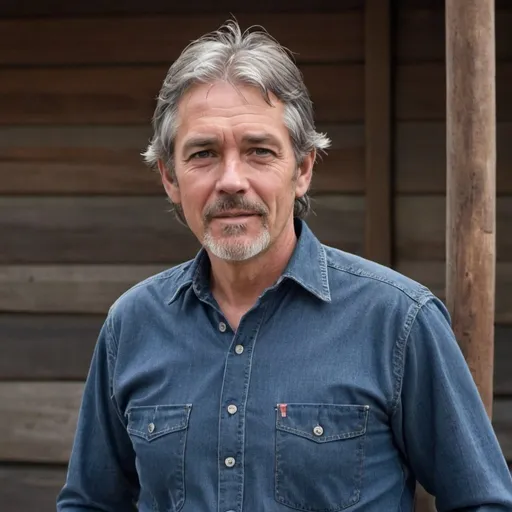 Prompt: A human man in his mid-50s with greying hair, trimmed facial hair, weathered skin, a barrel chested build, wearing a button up shirt and jeans.