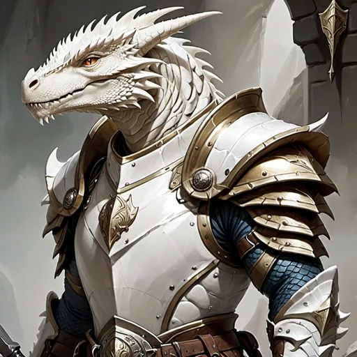 Prompt: Nombre: Seraphis Draconis

Raza: Dragonborn (Linaje de Plata)

Clase: Paladín

color blanco  y armadura blanca con destellos de plata y porta una maza  y escudo grande 
