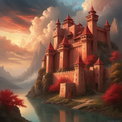 Prompt: a painting of a ottoman castle with scarlet spires touching the clouds , Christophe Vacher, fantasy art, matte fantasy painting, a detailed matte painting