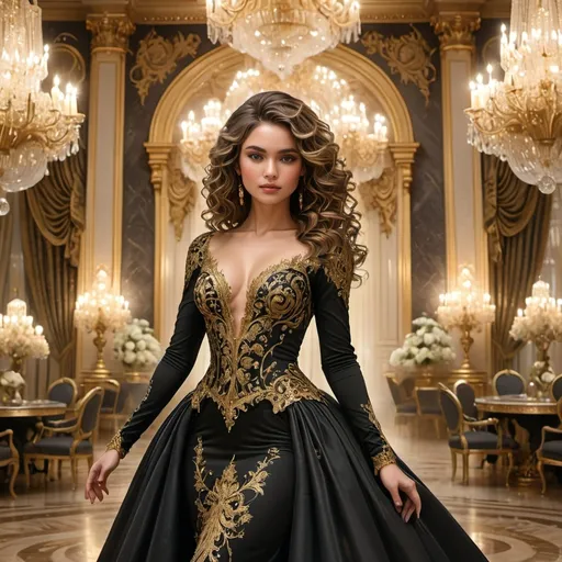 Prompt: Radiating elegance, a stunning woman stands poised in a lavish indoor setting characterized by opulent chandeliers and rich decor, suggesting a grand ballroom atmosphere. She dons a breathtaking black gown adorned with intricate gold embroidery, perfectly complementing her glowing skin and exquisite features, while her hair is styled in soft, voluminous curls that frame her face beautifully. The warm lighting casts a soft glow, accentuating the luxurious textures of her dress and adding depth to the ornate surroundings. With a confident yet serene expression, she embodies grace and sophistication, perfectly capturing the essence of a high-end fashion moment within this refined environment.