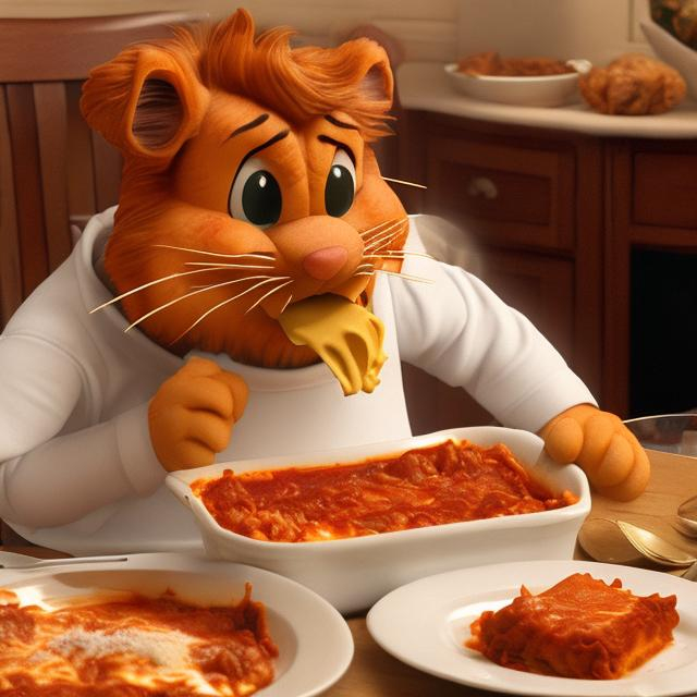 Prompt: Garfield eating lasagna.