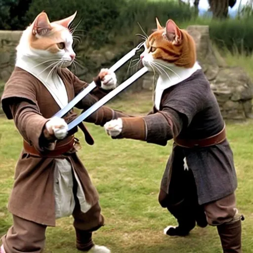 Prompt: two cats sword fighting and fighting eachother. they are dressed like the French rennassiance.