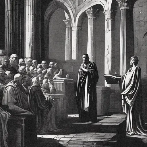 Prompt: Lovecraft lecturing Ancient Greek philosophers in a cathedral.