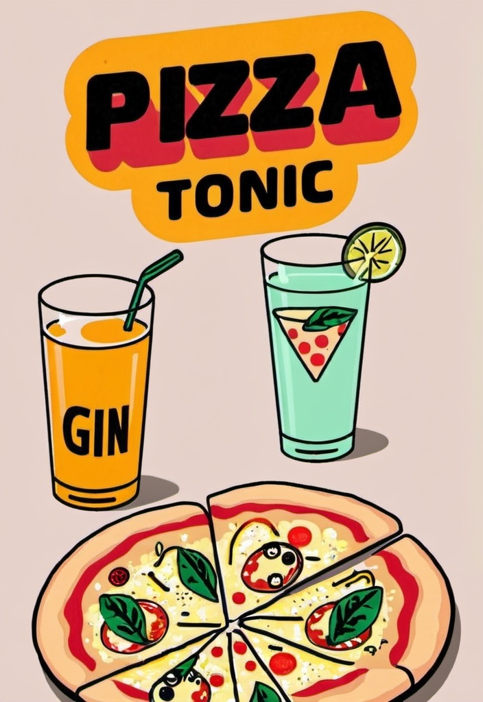 Prompt: Pizza with gin and tonic drink on table