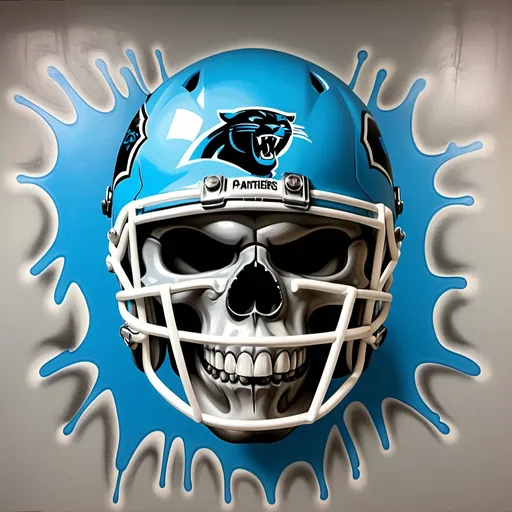 Prompt: a skull wearing a Carolina Panthers helmet and holding his hands up to his mouth with the word Panthers on it, airbrushed style, elite, graffiti art