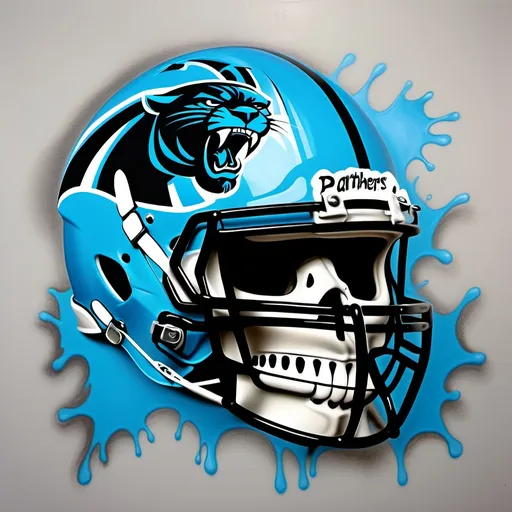 Prompt: a skull wearing a Carolina Panthers helmet and holding his hands up to his mouth with the word Panthers on it, airbrushed style, elite, graffiti art