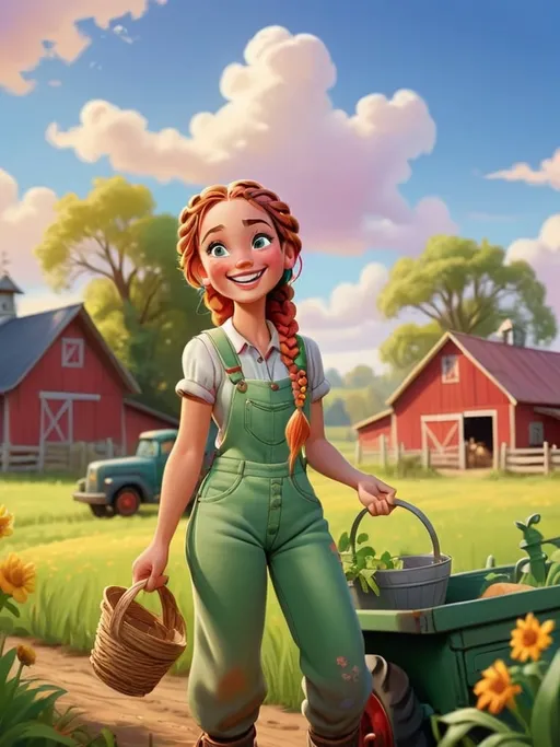 Prompt: Disney-style illustration of a cheerful farm girl with braided hair, vibrant colors, sunny atmosphere, high-quality, detailed, Disney style, vibrant colors, sunny, farm setting, cheerful expression, braided hair, highres, professional, detailed illustration