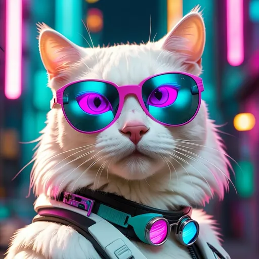 Prompt: White cat with sunglasses in a cyberpunk city with teal blue and pink neon lights