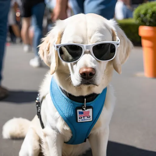 Prompt: A small white service dog wearing sunglasses