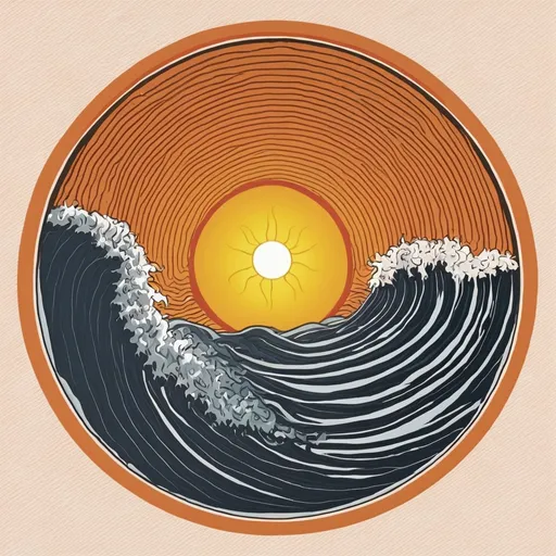 Prompt: the sun surrounded by a wave of water and a separate depiction of wind 