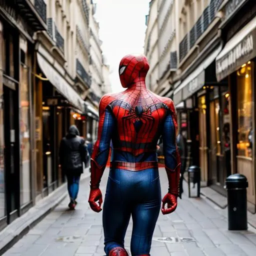 Prompt:  spiderman with 2 swords on his back walking in city street of Paris 