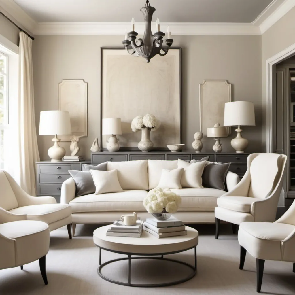 Prompt: Furniture and home decor that is a combination of cream and lead color