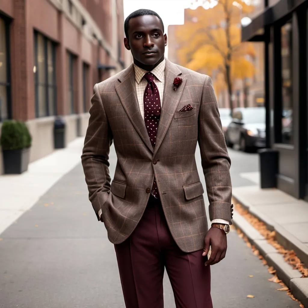 Prompt: A dark skin man in a suit wearing Medium gray flannel with cream window pane plaid sports jacket, medium brown trousers, beige with dark burgundy window pane plaid shirt, dark burgundy over black mini-check tie in silk, mid brown monk straps shoes , burgundy with cream pin dots tie and pencil line border pocket square