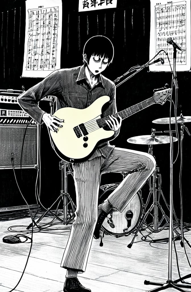 Prompt: Junji Ito manga style, man on stage, making music, manga scene