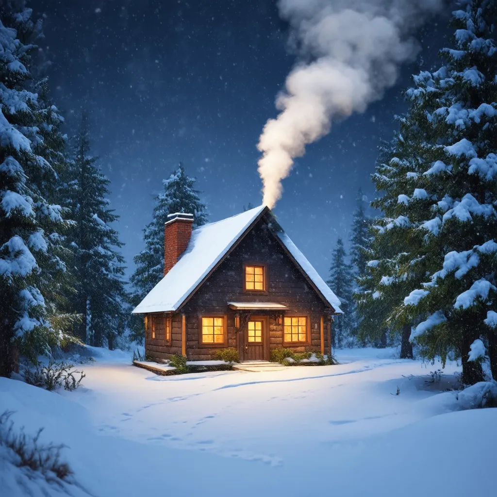 Prompt: Create a house further back in the forest. the trees are surrounding the house are covered in thick snow, a smoke is coming out from the chimney. a gentle snow is falling down from the sky.  