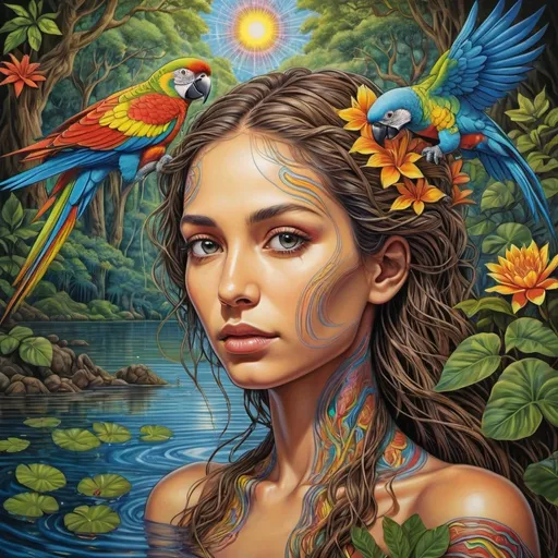 Prompt: Create psychedelic art in the style of Alex Grey, with black lines and vivid colors, of a woman partially immersed in a lake, looking straight with wonder, a sweet buddha face, one big brownish wavy braid is laying on her right shoulder, her eyes are blue with yellow in the center, she is surrounded with natural elements of the amazonian forest, one parrot is flying in the corner.
